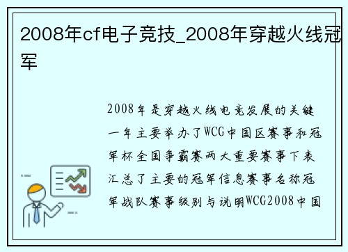 2008年cf电子竞技_2008年穿越火线冠军